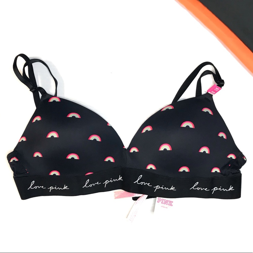 Pink Victoria’s Secret Wear Everywhere Push-up Bra Rainbow Print on Black 32A